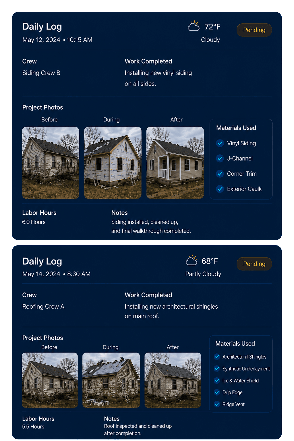 Daily log entries — Siding Crew B and Roofing Crew A