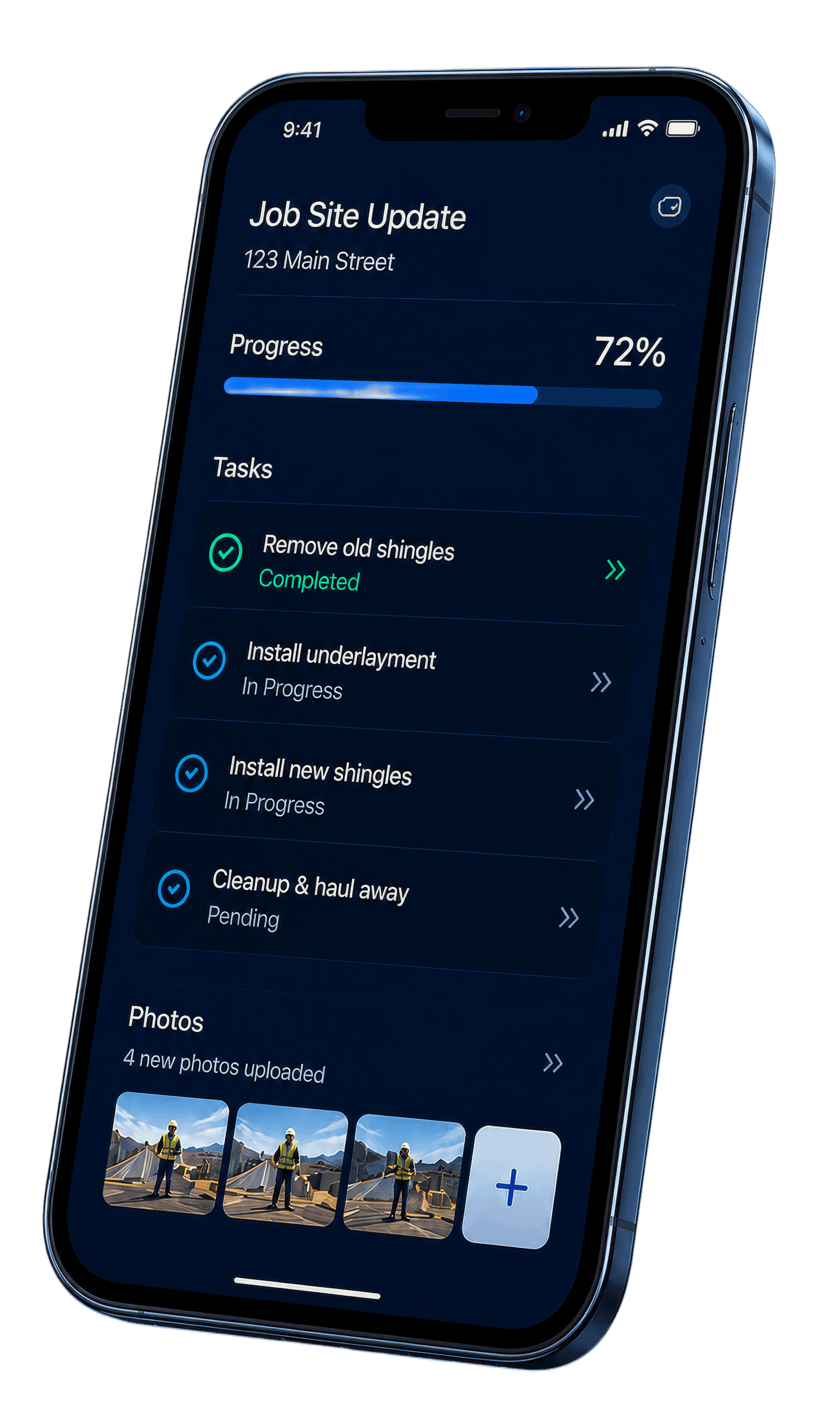 ConstruxOS field app — Job Site Update with task list